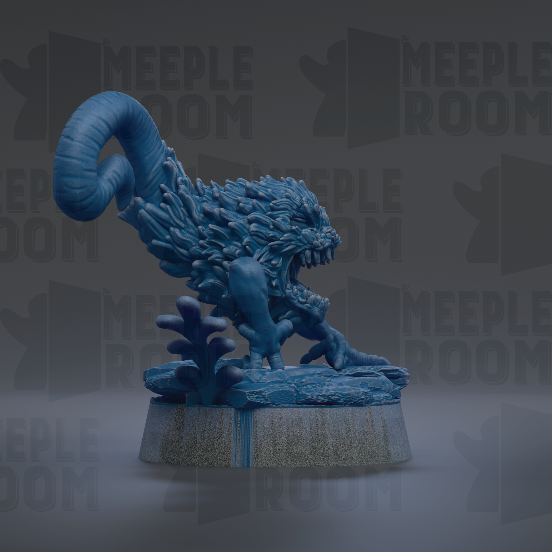 A blue, fantastical creature with a curled tail and sharp teeth is depicted in the center of the image, surrounded by a dark background with repeated text.
