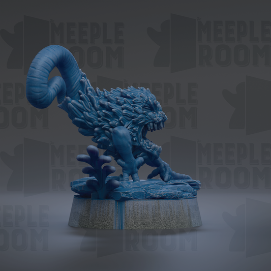 A blue, fantastical creature with a curled tail and sharp teeth is depicted in the center of the image, surrounded by a dark background with repeated text.