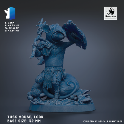 A detailed 3D model of a Tusk Mouse figurine, with intricate details and a realistic appearance. The base size of the figurine is 32 millimeters.