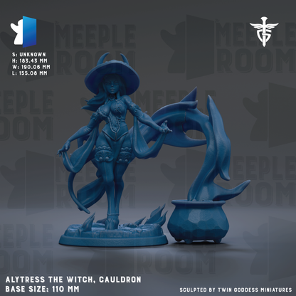 a figurine of a woman dressed as a witch, with a cauldron and a large hat. The figurine is in a blue color and is placed on a base that is described as a size of 10 mm. The background of the image is gray, and there is text that reads "MEELPO ROOM" and "S.UNKNOWH".