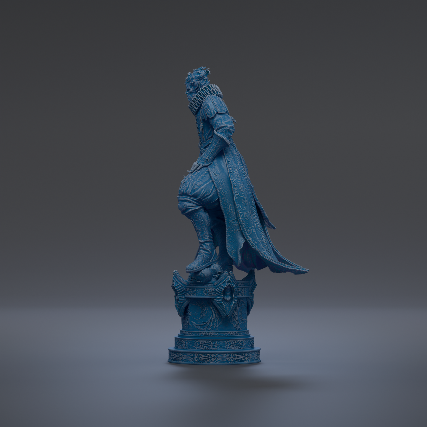 A blue statue of a person standing on a pedestal against a dark background.