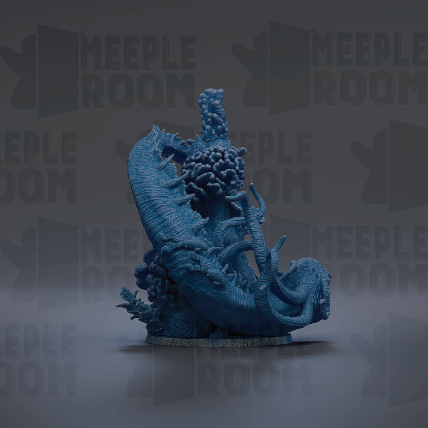 a large, blue, 3D-rendered creature with a long, curved body and a pointed head, set against a dark background with repeated text.