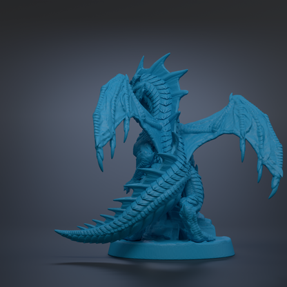 A 3D model of a blue dragon figurine with sharp teeth and claws, standing on a base.