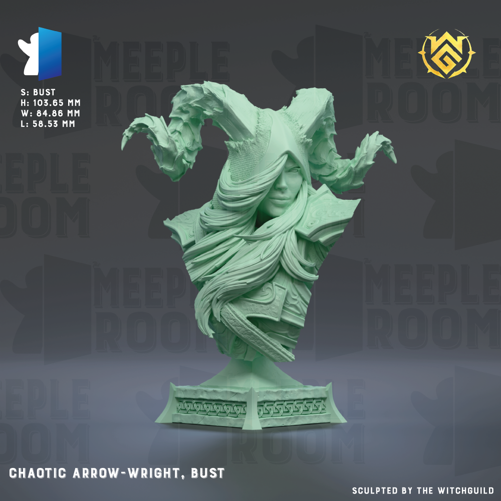 The image is a bust of a Chaotic Arrow-Wright, Bust, created by the Witchguild. The bust is made of a green material and features intricate details and a unique design.