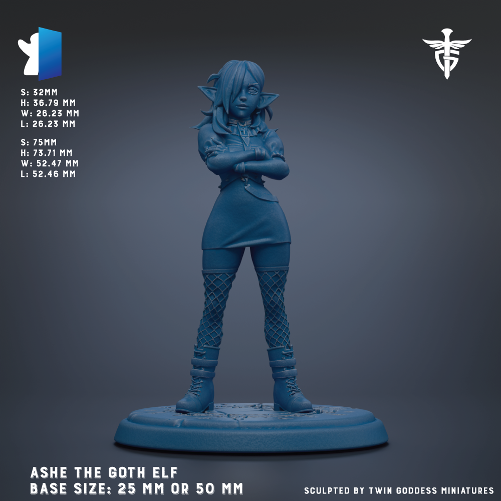 a blue figurine of a woman with a gothic-style appearance, standing with her arms crossed. The figurine is described as a "Gothic Elf" and is shown in various sizes, ranging from 25 mm to 50 mm. The image is a collage of multiple images, and the caption does not include any redundancy or vague descriptions.