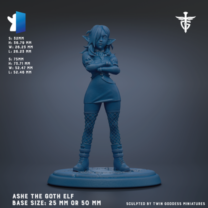 a blue figurine of a woman with a gothic-style appearance, standing with her arms crossed. The figurine is described as a "Gothic Elf" and is shown in various sizes, ranging from 25 mm to 50 mm. The image is a collage of multiple images, and the caption does not include any redundancy or vague descriptions.