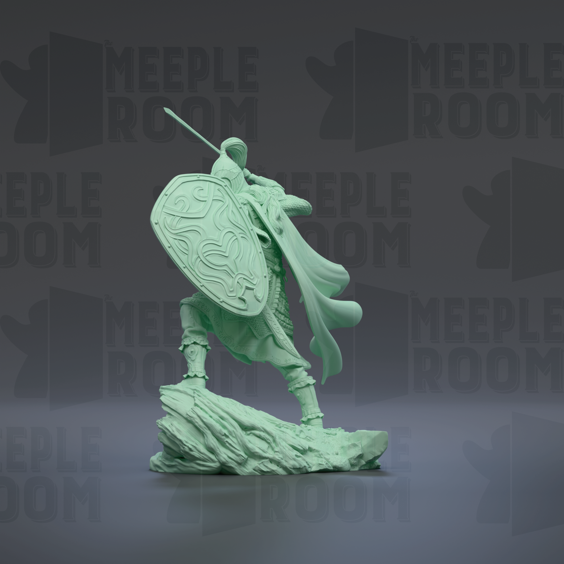 A green statue of a warrior figure holding a shield and sword, standing on a rock formation against a dark background with repeated "MEIPLLE ROOM" text.