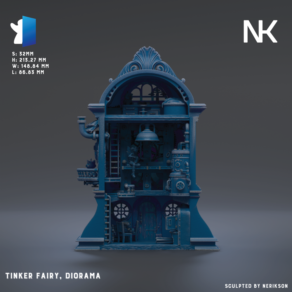 The image is a 3D rendering of a fantastical structure, possibly a fairy house or diorama, with intricate details and a blue color scheme.