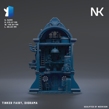 The image is a 3D rendering of a fantastical structure, possibly a fairy house or diorama, with intricate details and a blue color scheme.