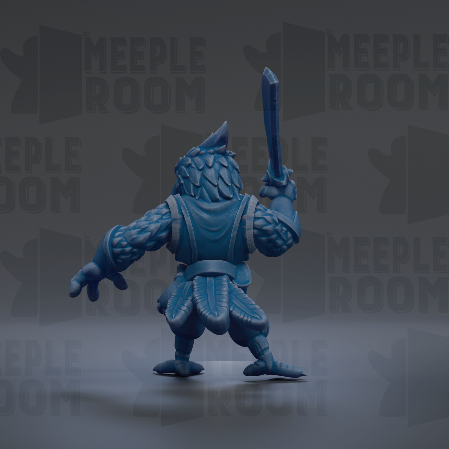 A blue, winged creature with a sword in its hand, standing in a dark environment with repeated text in the background.