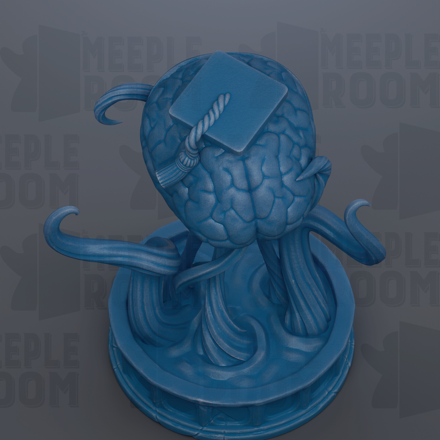 A blue, abstract sculpture resembling a brain or skull, with a graduation cap on top, set against a dark background with repeated text.