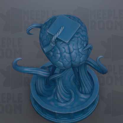 A blue, abstract sculpture resembling a brain or skull, with a graduation cap on top, set against a dark background with repeated text.