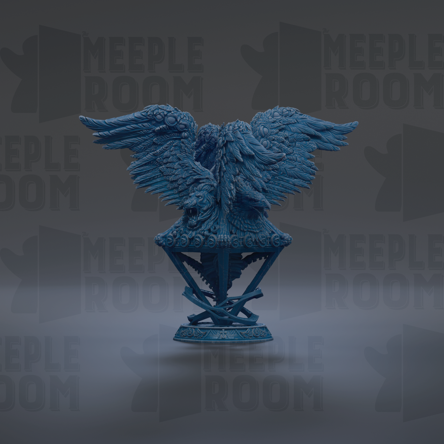 A blue, winged statue stands on a pedestal against a dark background with repeated text.