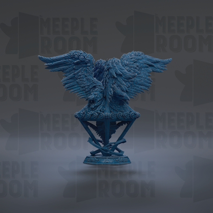 A blue, winged statue stands on a pedestal against a dark background with repeated text.