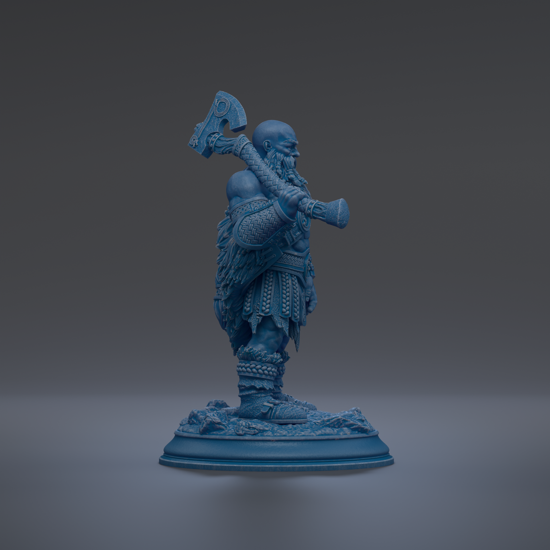 A blue figurine of a bearded man holding a large weapon, standing on a base.