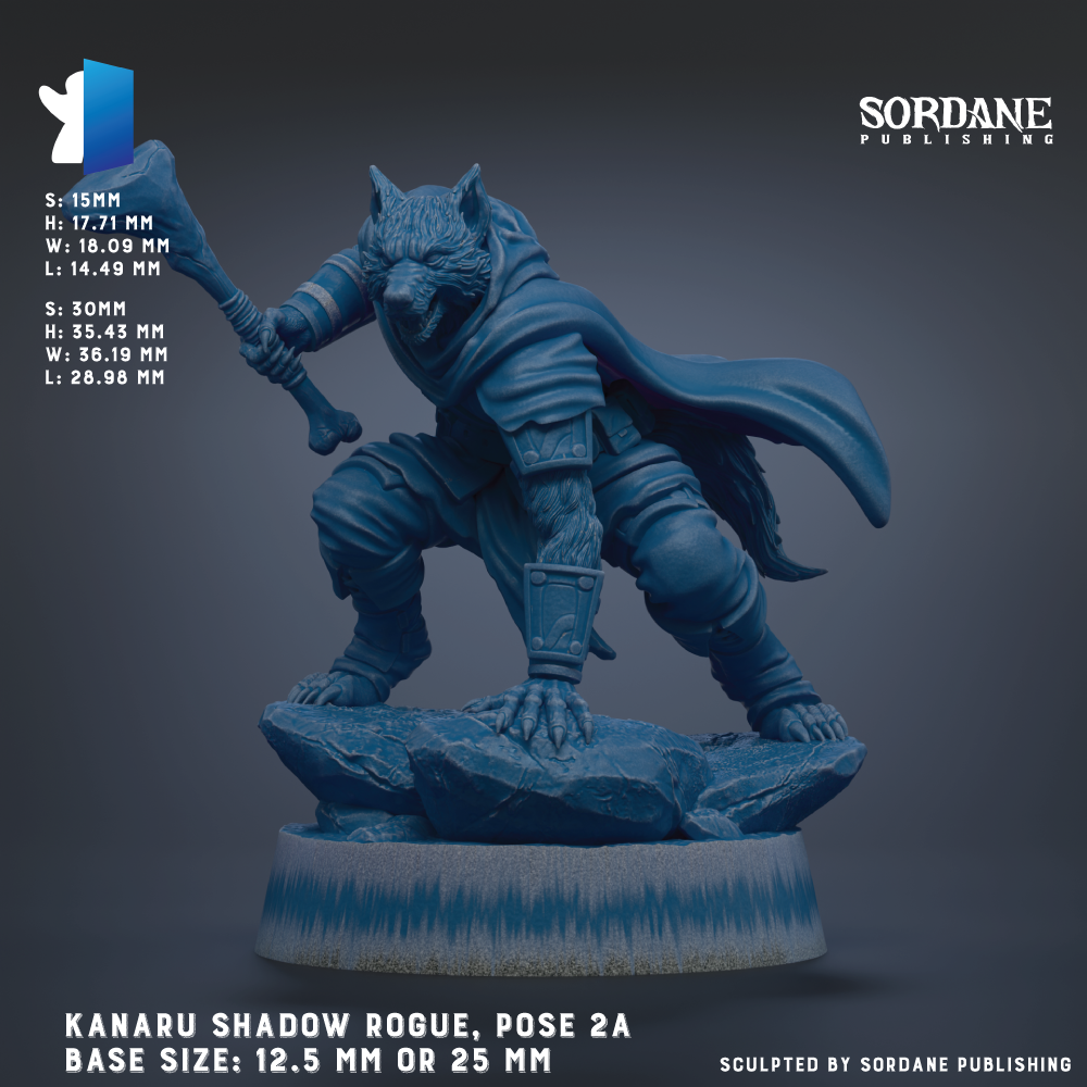 The image is a detailed 3D rendering of a dark blue, fantasy-inspired character, specifically a Rogue from the Kanaru Shadow series. The character is posed in a dynamic fighting stance, with a cape billowing behind them. The base size of the figure is 12.5 mm or 25 mm, depending on the perspective. The image is a sculpture, and it is published by Sordane Publishing.