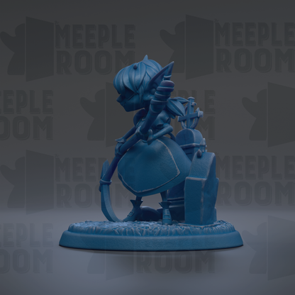 A blue figurine of a character with a sword and shield, standing on a base with the word "MEIPLLE ROOM" repeated in the background.