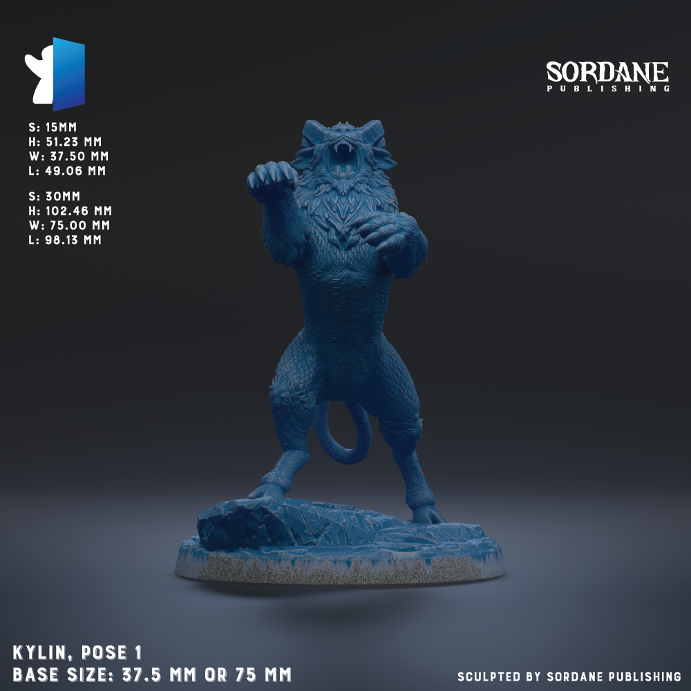 A blue figurine of a cat-like creature, possibly a mythical or fantastical animal, standing on a rock formation. The figurine is described as having a size of 5.15mm, a height of 5.23mm, and a width of 7.05mm. The base size is either 7.5mm or 75mm. The image is published by Sordane Publishing.