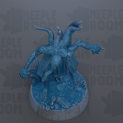 A blue, 3D-rendered figurine of a fantastical creature with multiple arms and legs, standing on a base with a textured surface.