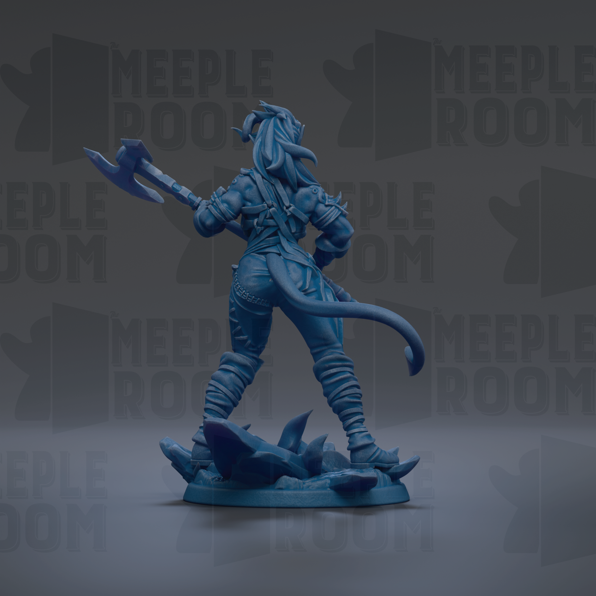 A blue figurine of a warrior-like character with a sword and shield, standing on a rocky base against a dark background with repeated text.