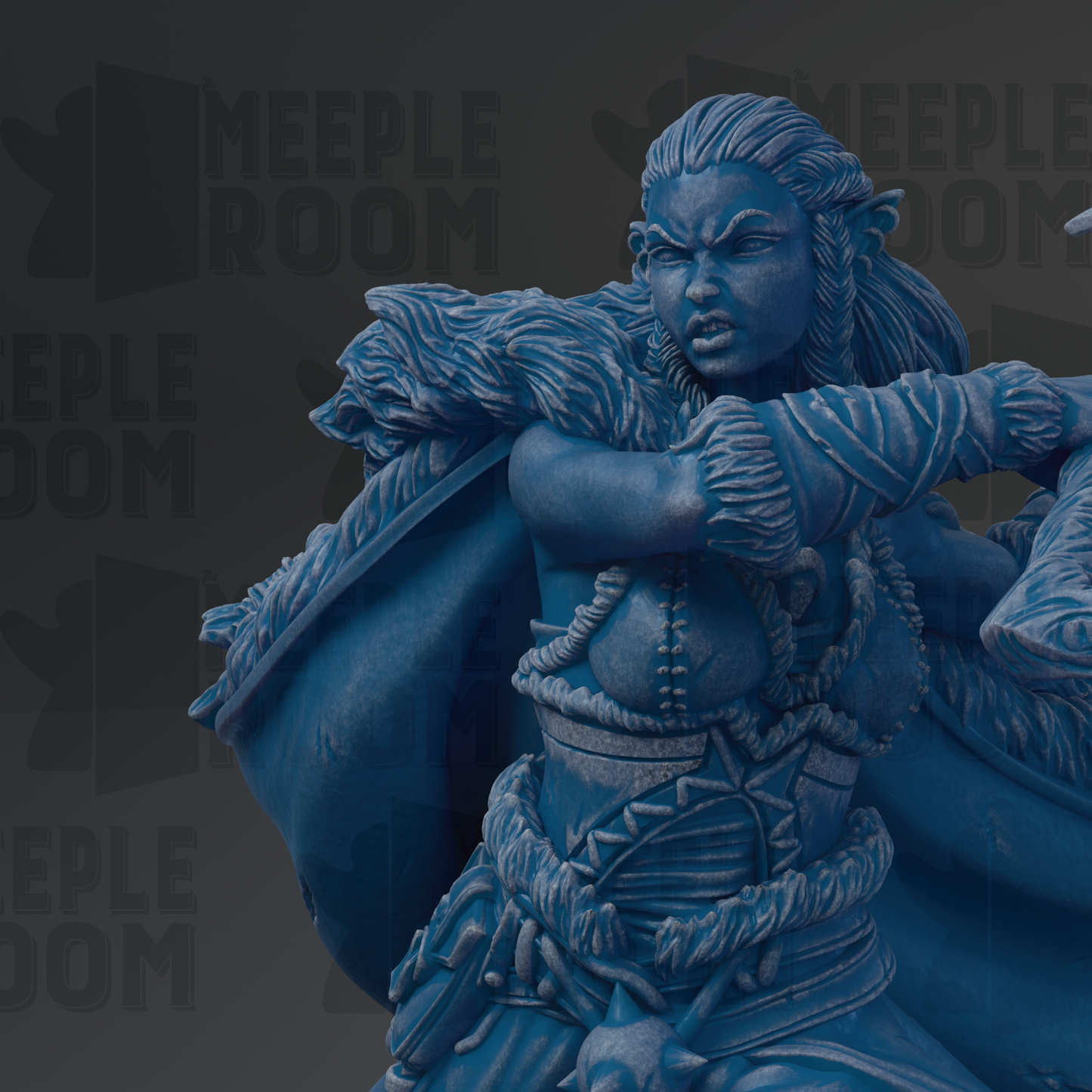 A close-up of a blue, detailed statue depicting a fierce-looking warrior figure with a determined expression.
