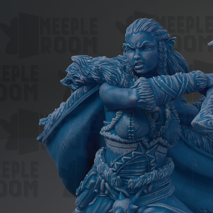 A close-up of a blue, detailed statue depicting a fierce-looking warrior figure with a determined expression.