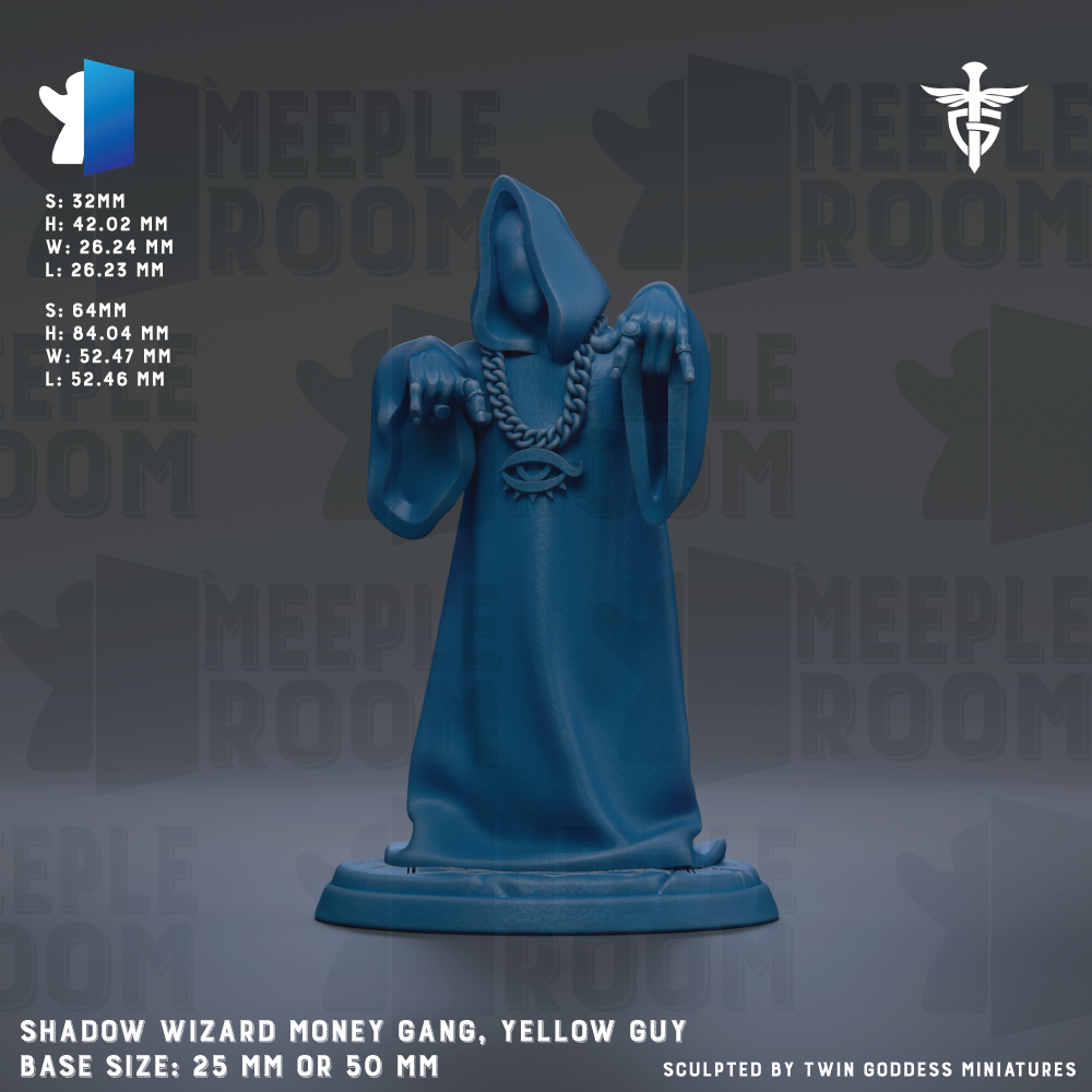 a blue wizard money gang statue with a yellow guy on top, set against a dark background with repeated text and logos.