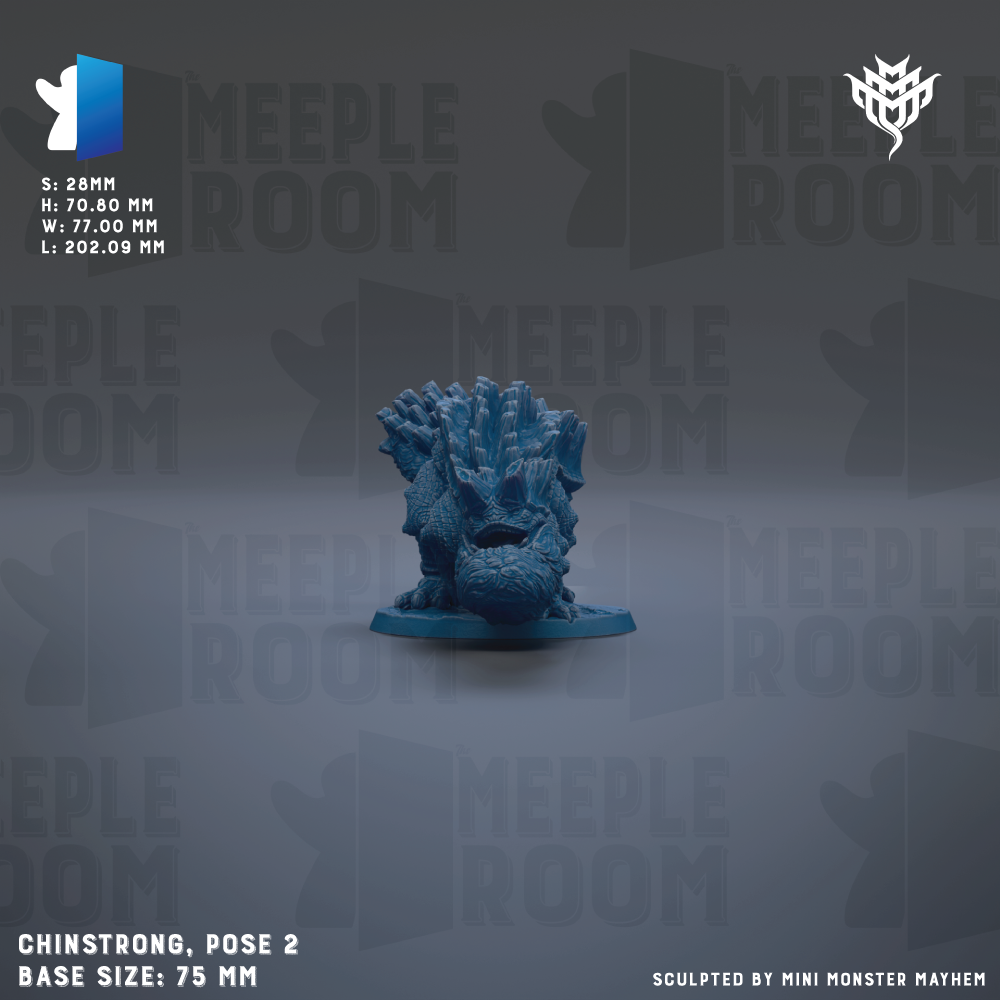 a blue figurine of a creature with a large head and multiple arms, sitting on a base. The figurine is described as a "ChinSTRONG, pose 2" and has a base size of "75 mm". The background of the image is a dark gray color with the word "MEIPLE ROOM" repeated multiple times.