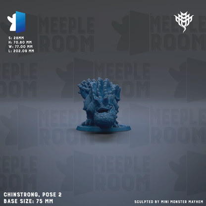 a blue figurine of a creature with a large head and multiple arms, sitting on a base. The figurine is described as a "ChinSTRONG, pose 2" and has a base size of "75 mm". The background of the image is a dark gray color with the word "MEIPLE ROOM" repeated multiple times.