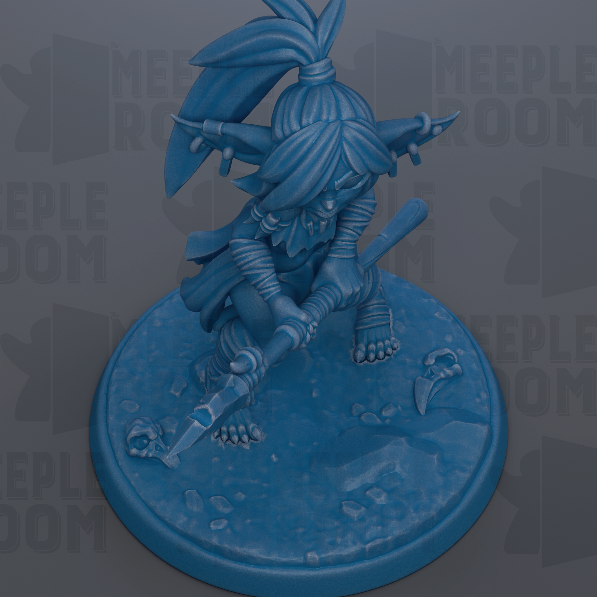 A blue figurine of a character with a pointed hat and a sword, standing on a blue base.