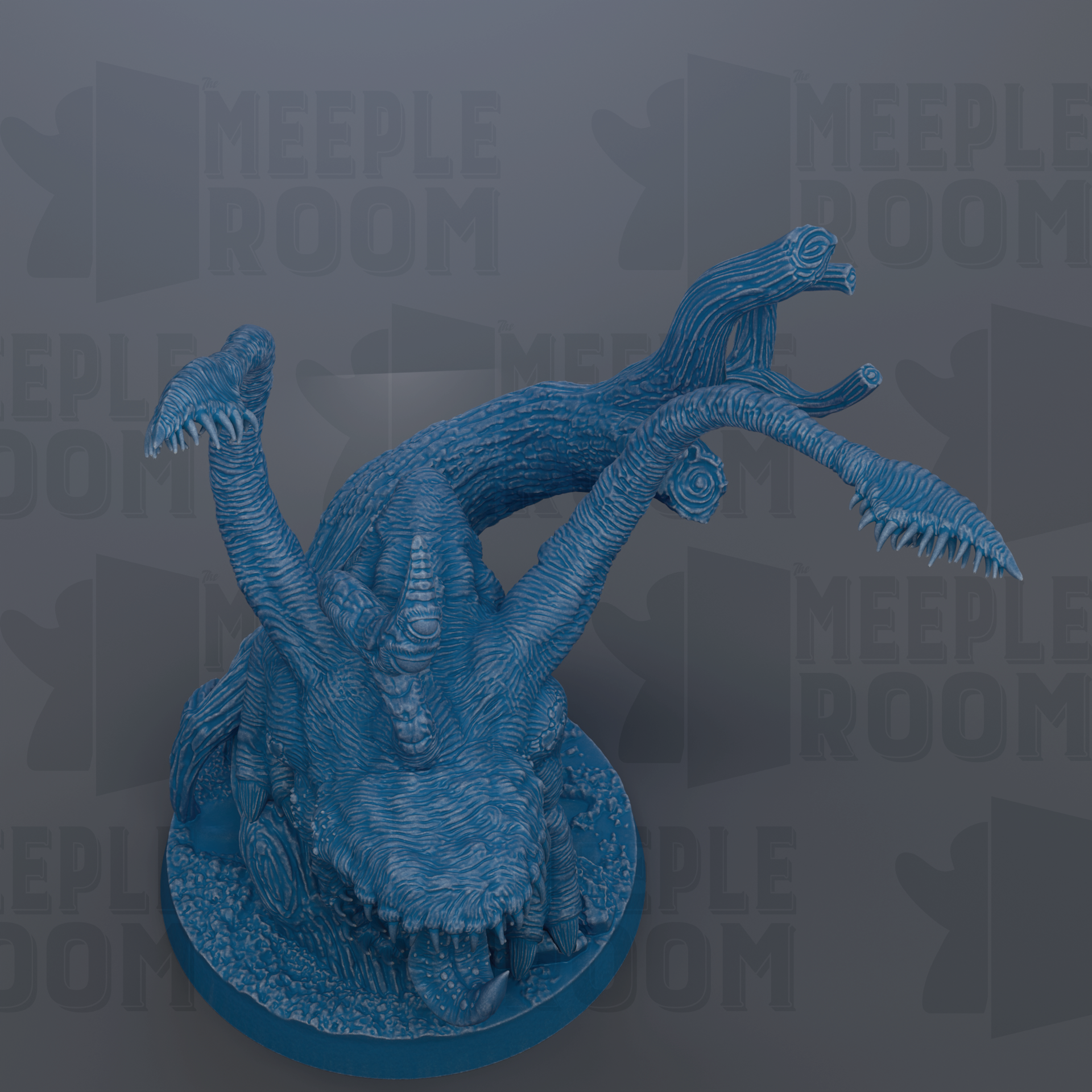 A 3D rendering of a blue, fantastical creature with multiple arms and sharp teeth, sitting on a circular base.