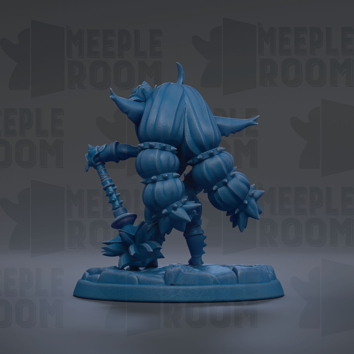 A blue figurine of a fantastical creature with multiple spiky features, standing on a base and holding a weapon.