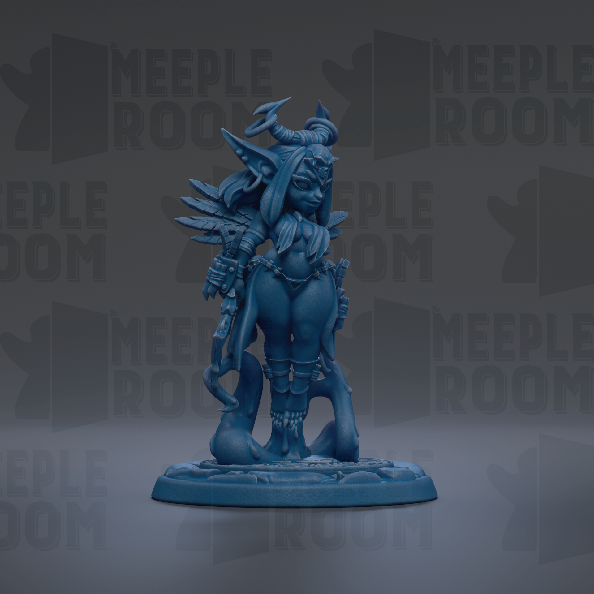 A blue figurine of a female character with horns and wings, standing on a base.