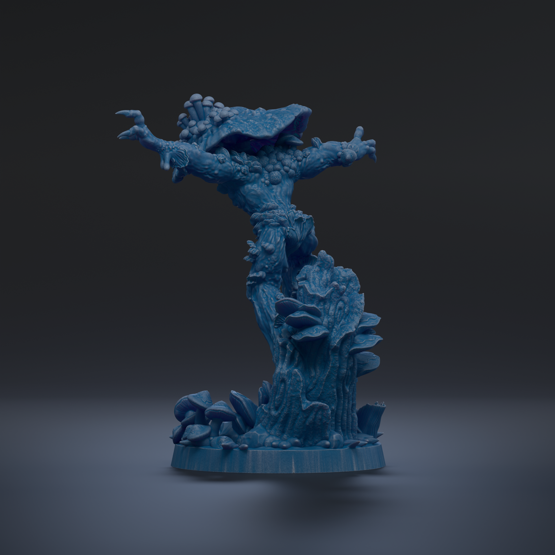 A blue, 3D-rendered statue of a fantastical creature with outstretched arms, standing on a base with mushrooms and other organic elements.