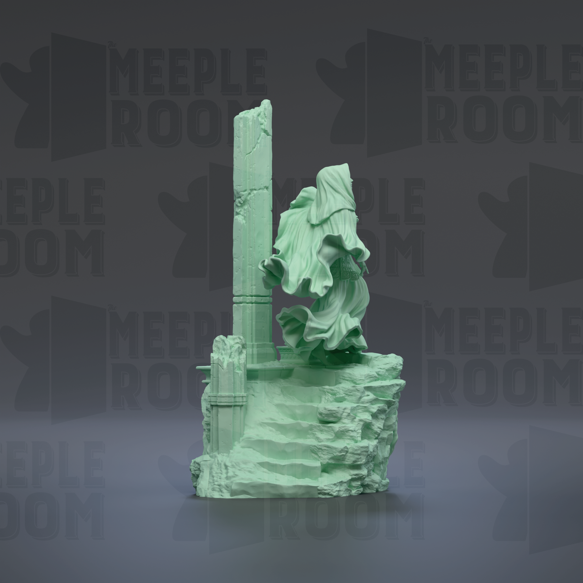 a green, sculptural figure standing on a rocky outcropping, with a column and a pillar visible. The background is dark and has the text "MEIPLLE ROOM" repeated multiple times.