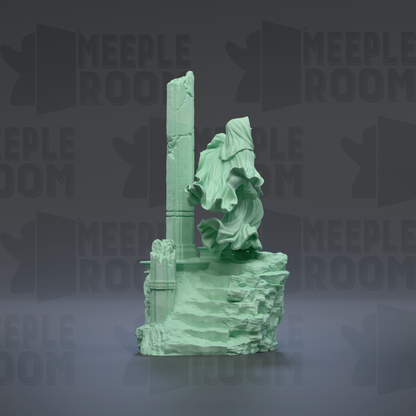 a green, sculptural figure standing on a rocky outcropping, with a column and a pillar visible. The background is dark and has the text "MEIPLLE ROOM" repeated multiple times.