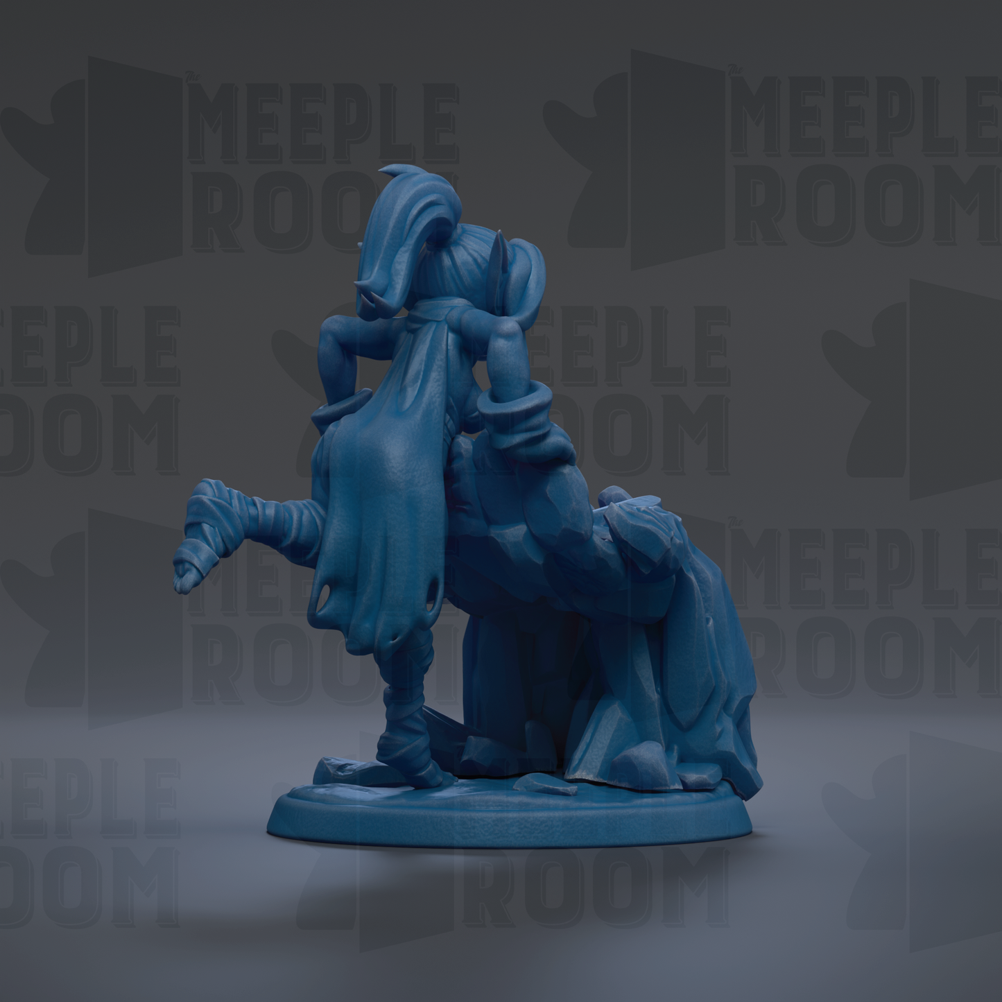 A blue figurine of a person with a large head and long hair, sitting on a base and holding a large object in their hands.