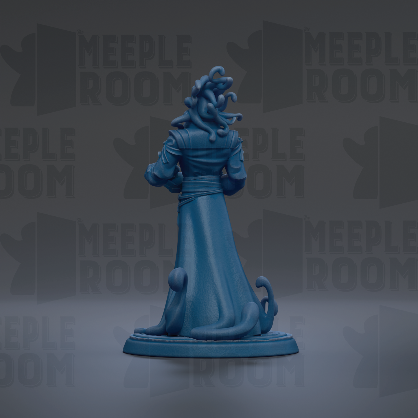 A blue figurine of a person with long hair and a flowing robe, standing on a base and facing away from the camera.