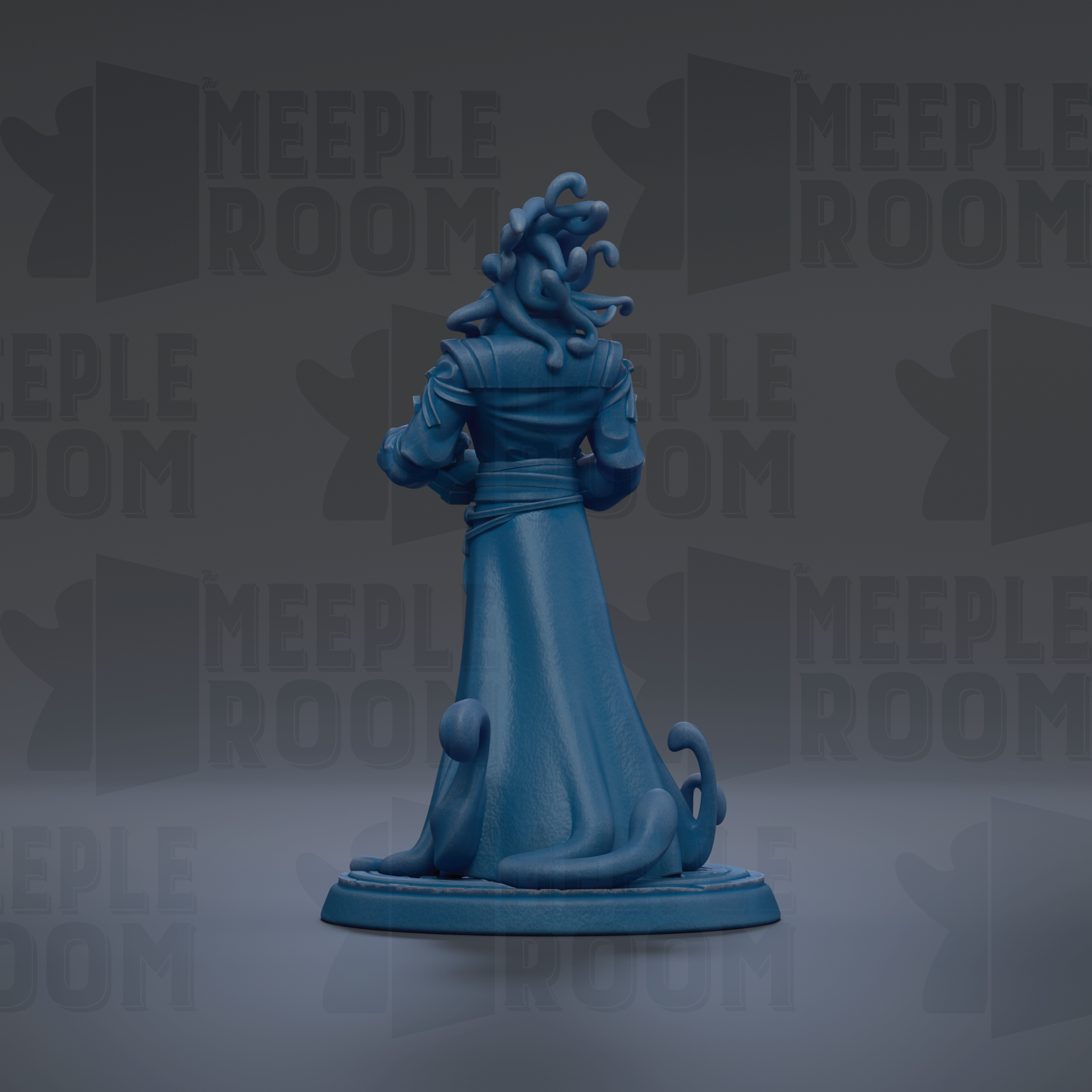 A blue figurine of a person with long hair and a flowing robe, standing on a base and facing away from the camera.
