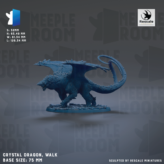 The image is a 3D model of a blue dragon statue, with the dragon's wings spread wide and its tail curled. The dragon is standing on a base that is described as being 7.5 mm in size. The image is a sculpture of a crystal dragon, and it is shown against a gray background with the text "MEUPLE ROOM" repeated multiple times.