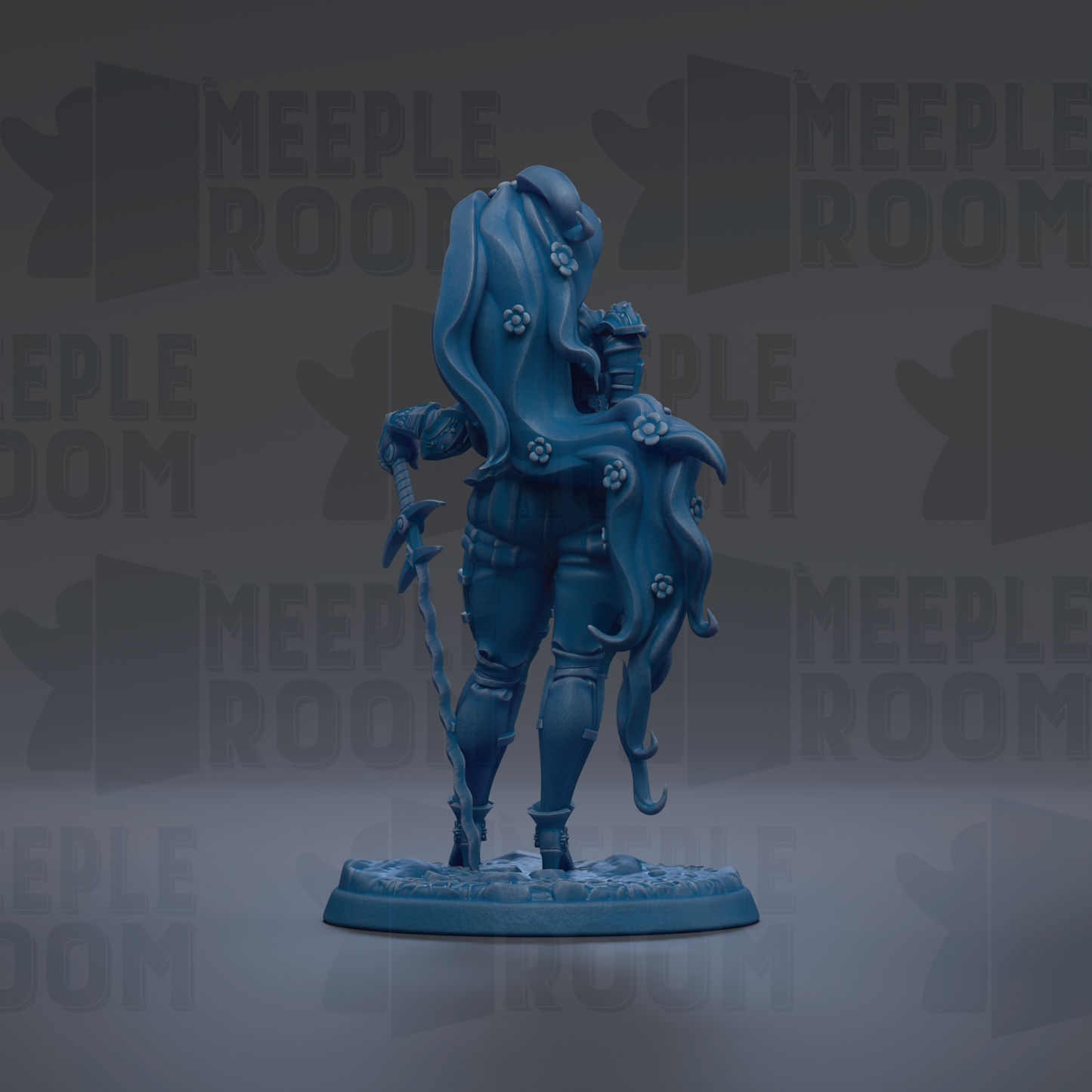A blue figurine of a woman with long hair and a flowing skirt, holding a staff, is the central focus of the image.