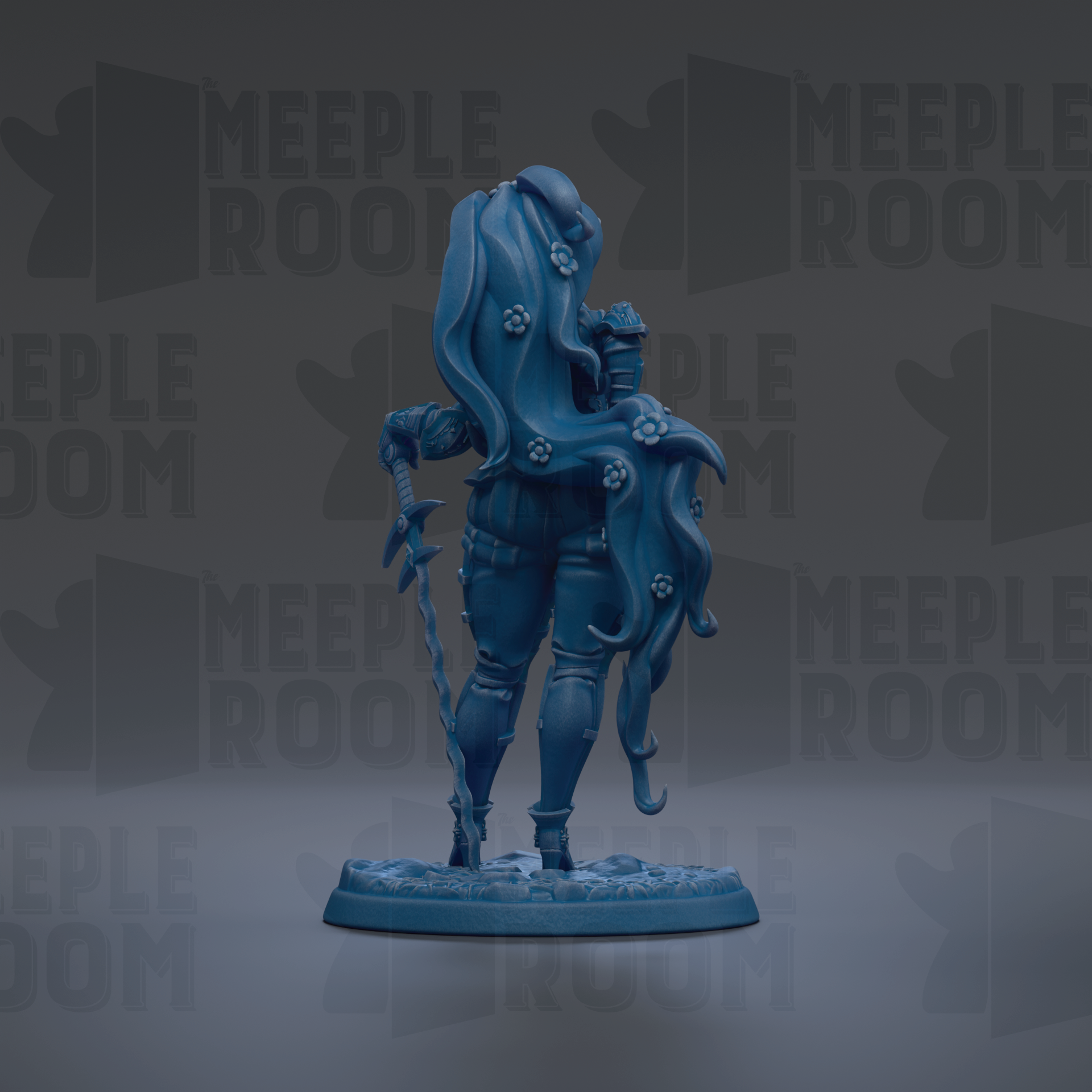 A blue figurine of a woman with long hair and a flowing skirt, holding a staff, is the central focus of the image.