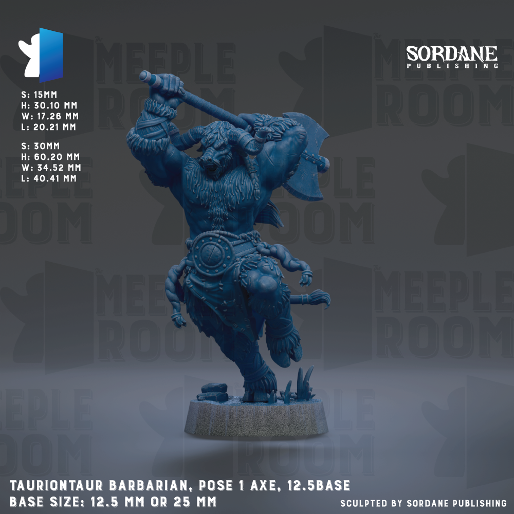 a blue figurine of a Tauriontaurian barbarian, a fantasy creature with horns and a large axe, posed in a dynamic fighting stance. The figurine is shown in a 12.5-base pose, with the base size being either 12.5 mm or 25 mm. The image is a part of a larger collection of images related to the Tauriontaurian barbarian, and it is published by Sordane Publishing.