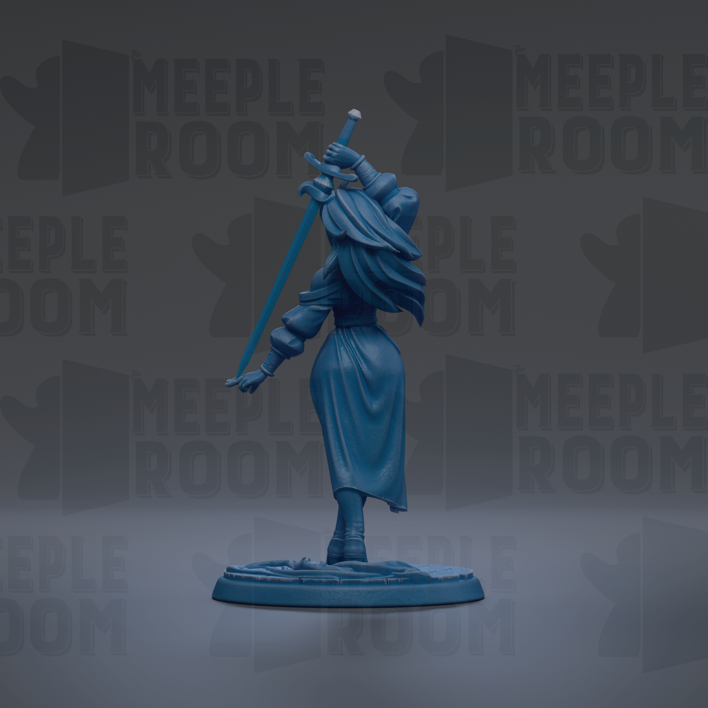 A blue figurine of a woman holding a sword stands on a base against a dark background with repeated "MEUPLE ROOM" text.