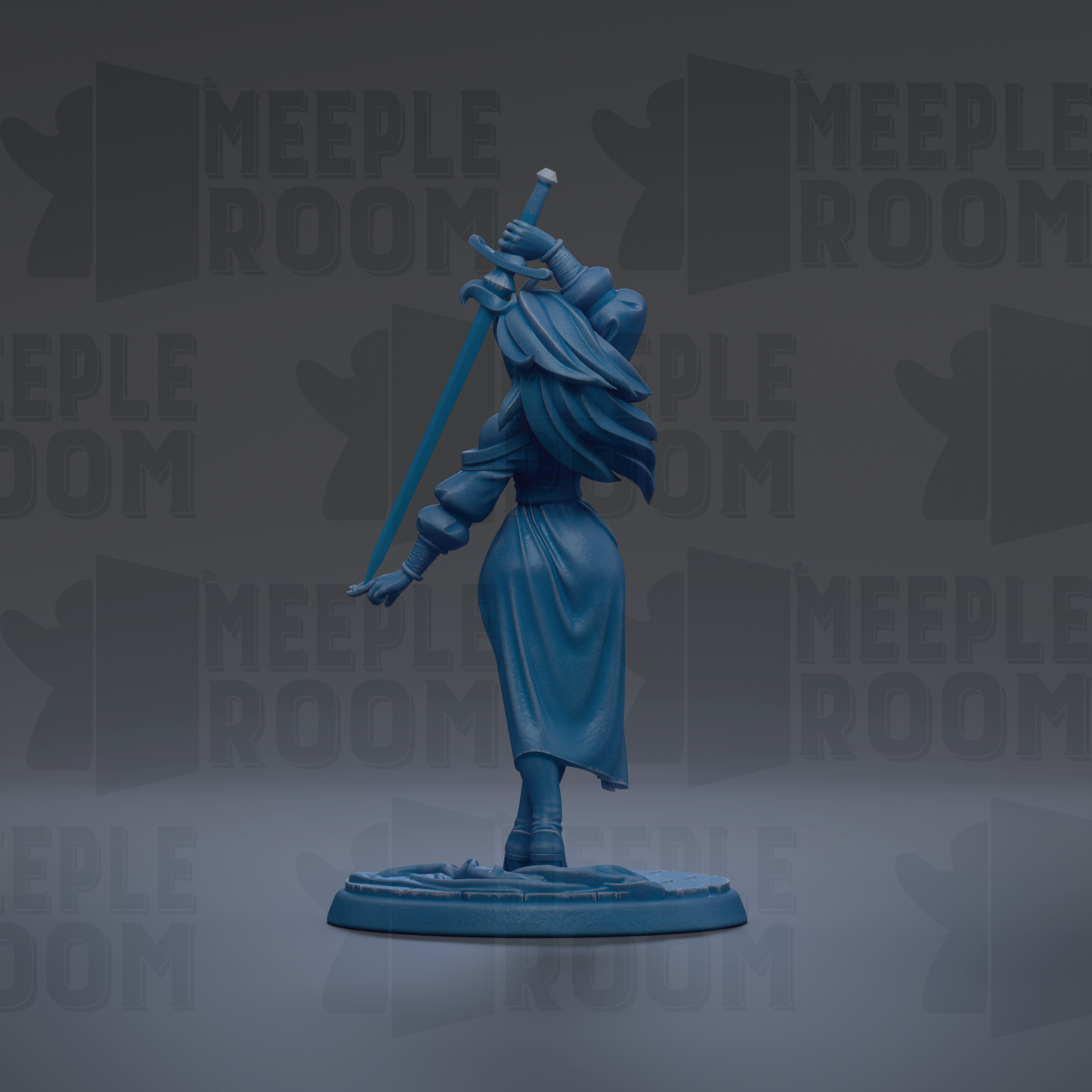 A blue figurine of a woman holding a sword stands on a base against a dark background with repeated "MEUPLE ROOM" text.