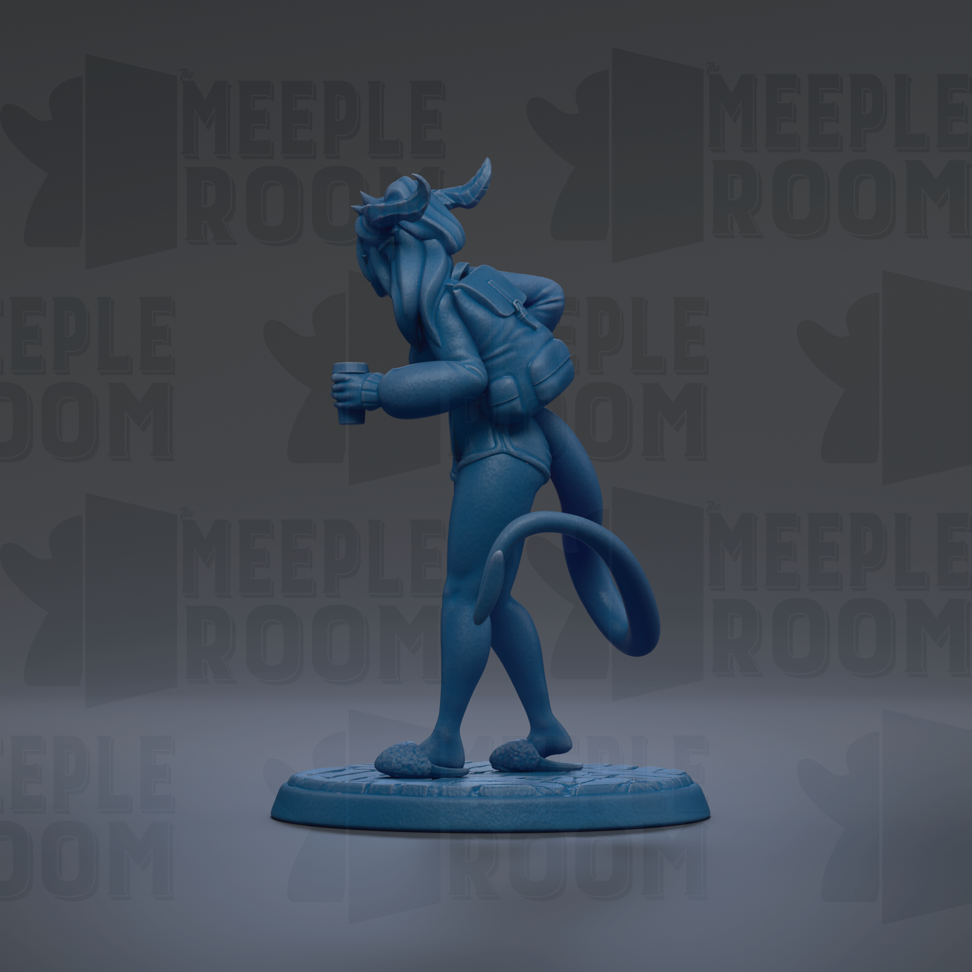 A blue figurine of a person with horns and a backpack is standing on a platform against a dark background with repeated text.