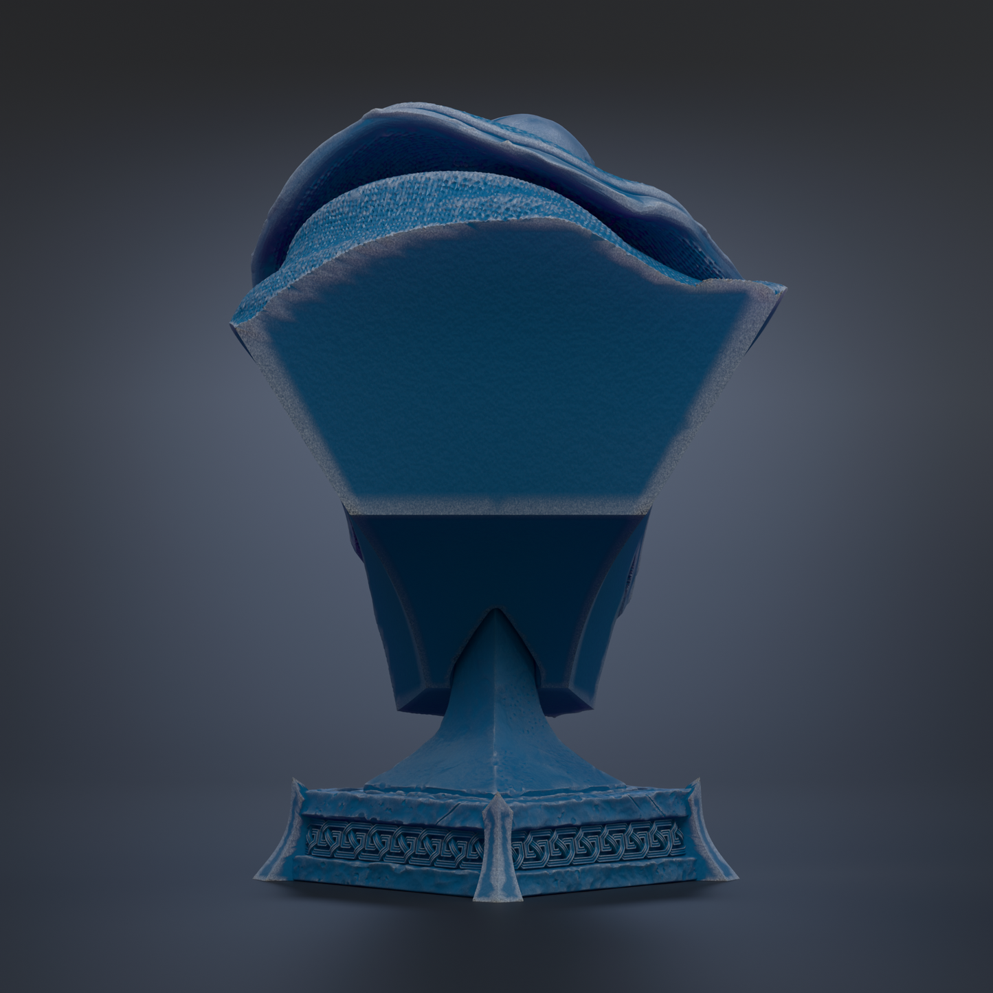 A blue, 3D-rendered object resembling a trophy or trophy-like structure, with a pointed top and a curved base.