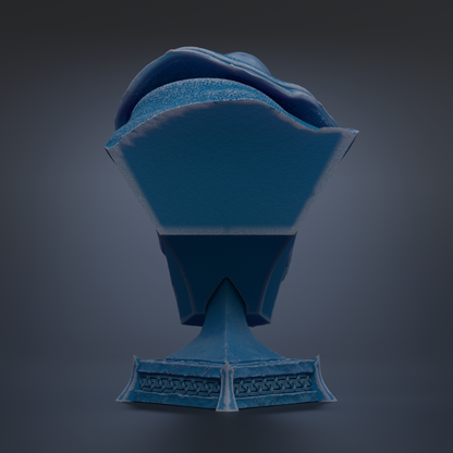 A blue, 3D-rendered object resembling a trophy or trophy-like structure, with a pointed top and a curved base.