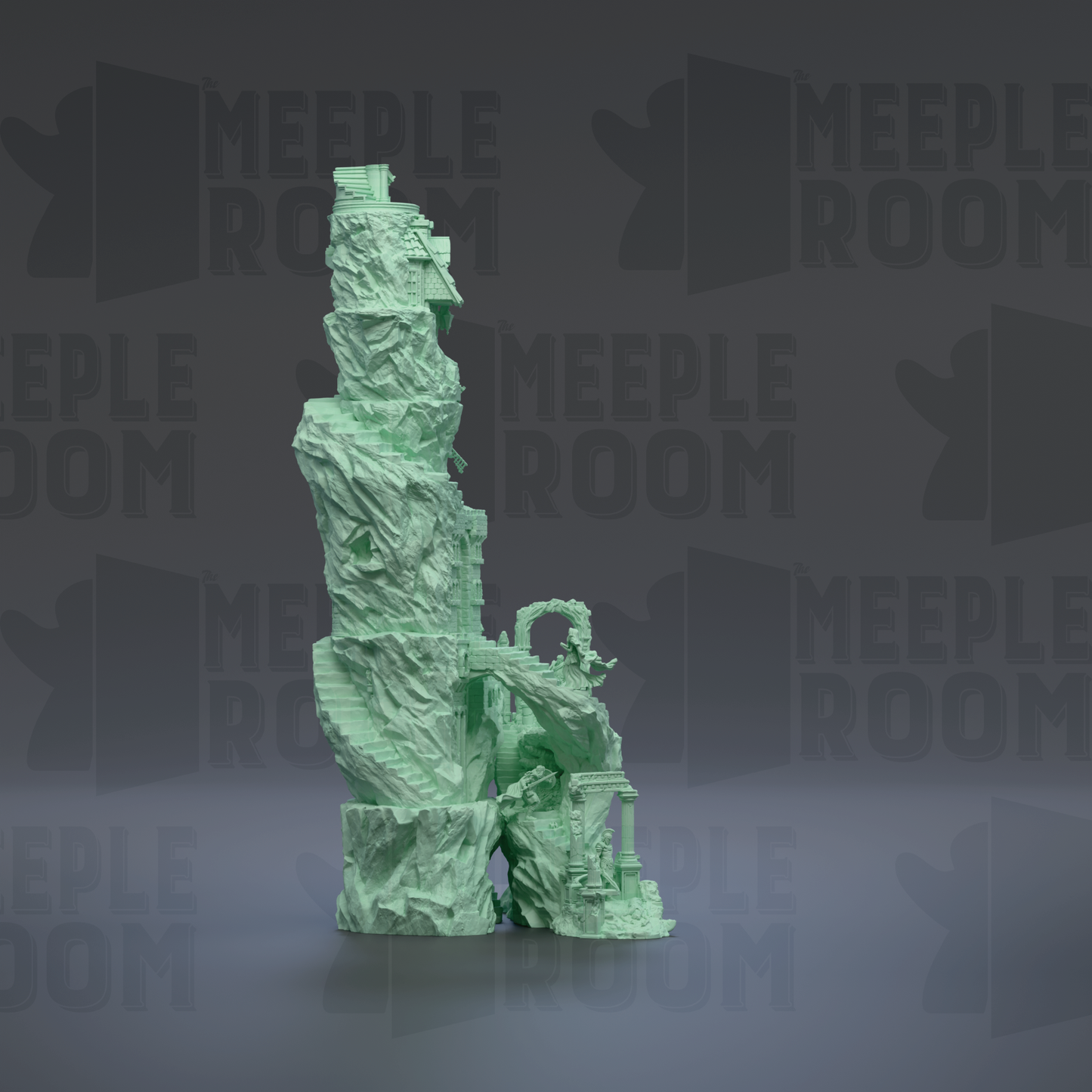A green, sculptural tower stands prominently against a dark background, with the repeated text "MEUPLE ROOM" visible in the image.