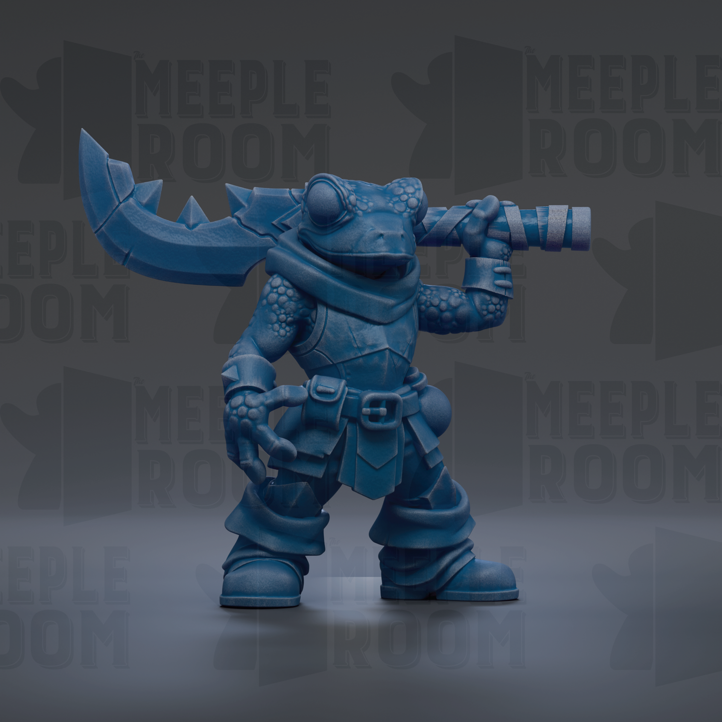 A blue frog-like creature holding a large sword and shield, standing in a dark environment with the text "MEUPLE ROOM" repeated in the background.